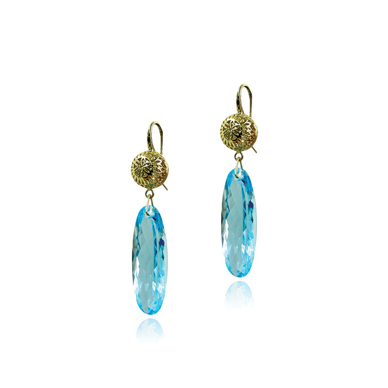 Crownwork Ball Earrings with Long Faceted Blue Topaz Drops