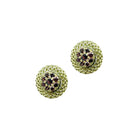 18k yellow gold crownwork button earrings on posts with pave-set wine colored sapphire (1.20 cts) center. Earrings are 5/8" diameter (16mm).