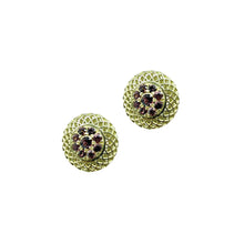 18k yellow gold crownwork button earrings on posts with pave-set wine colored sapphire (1.20 cts) center. Earrings are 5/8" diameter (16mm).