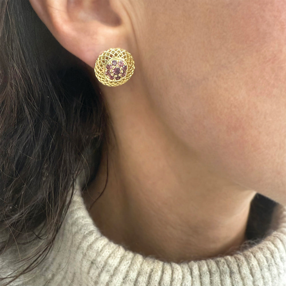 Crownwork Button Earrings with Wine-Colored Sapphires