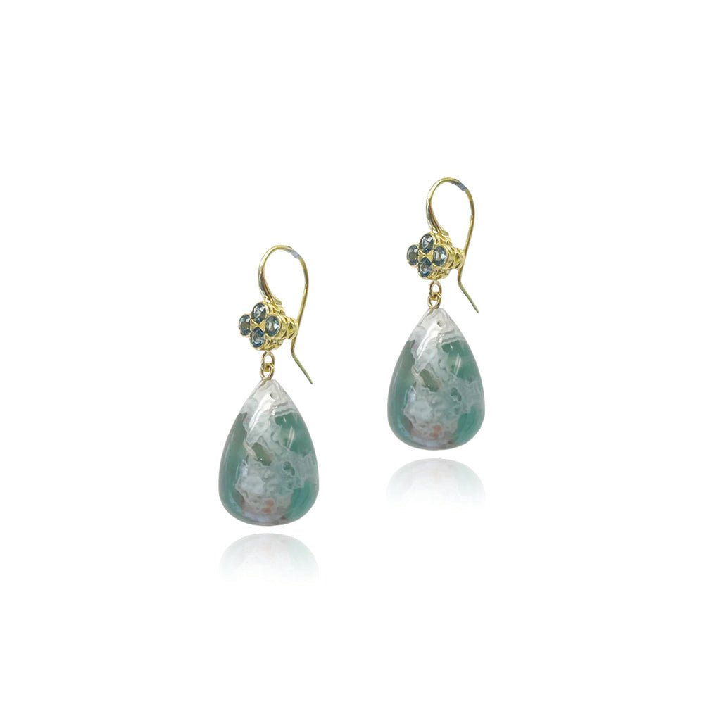 18k yellow gold 4 stone clover top earrings with bezel set green sapphires and aquaprase pear drops on French wires. Earrings are 1 5/8" long x 5/8" diameter (41 x 16mm).