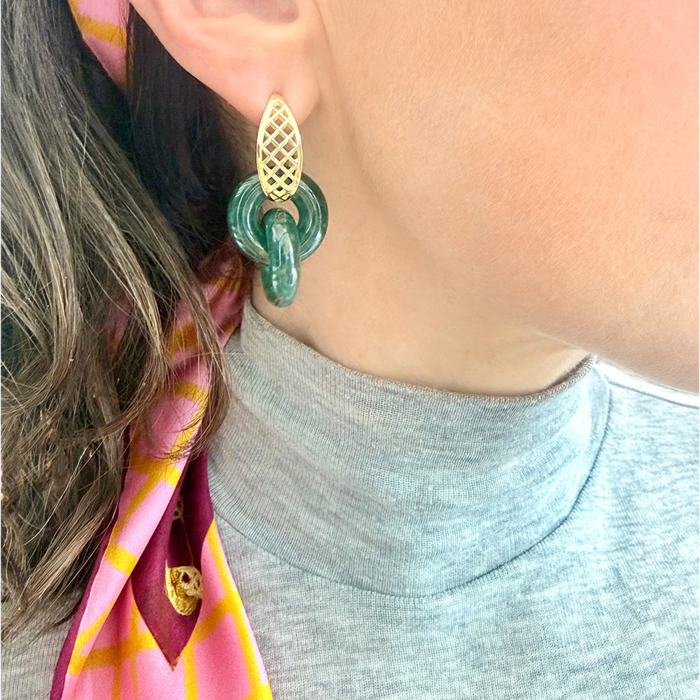 Crosshatch Post Hoop Earrings with Jade Circles