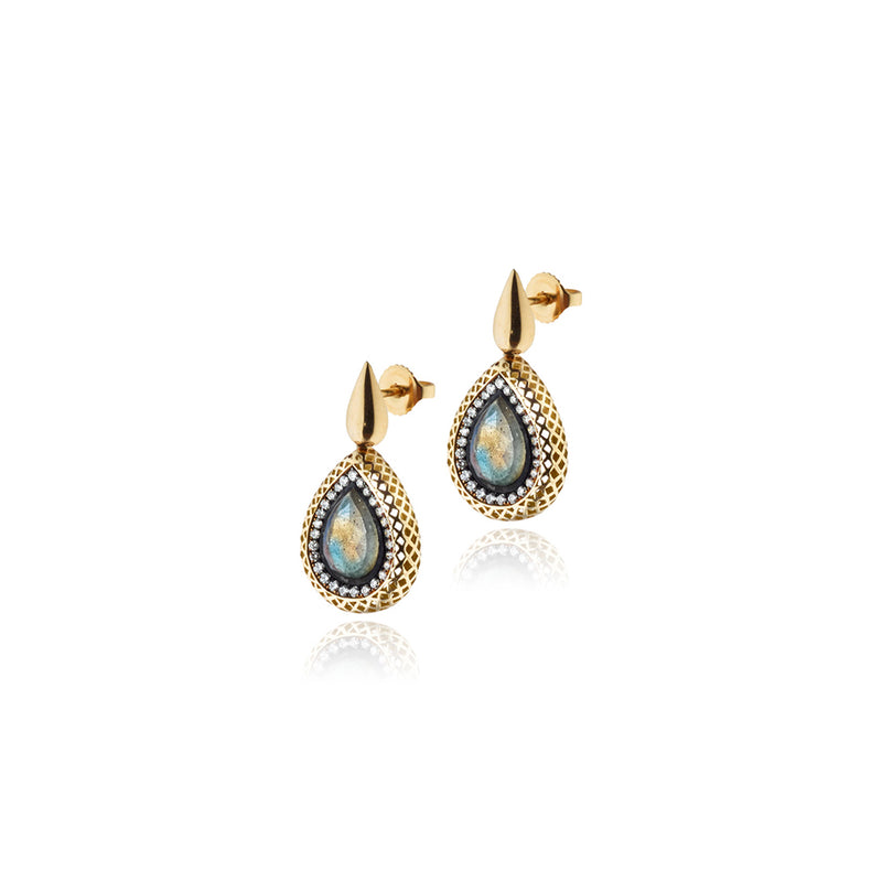 Pear Shaped Labradorite Crownwork Earrings