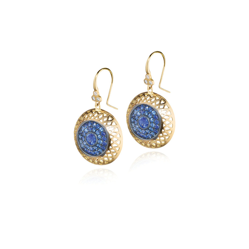 18k yellow gold crownwork disc earrings with blue sapphires (3.01 cts) set in oxidized silver on triple diamond hooks. Earrings are 1 1/2" long x 7/8" wide (38 x 23mm).
