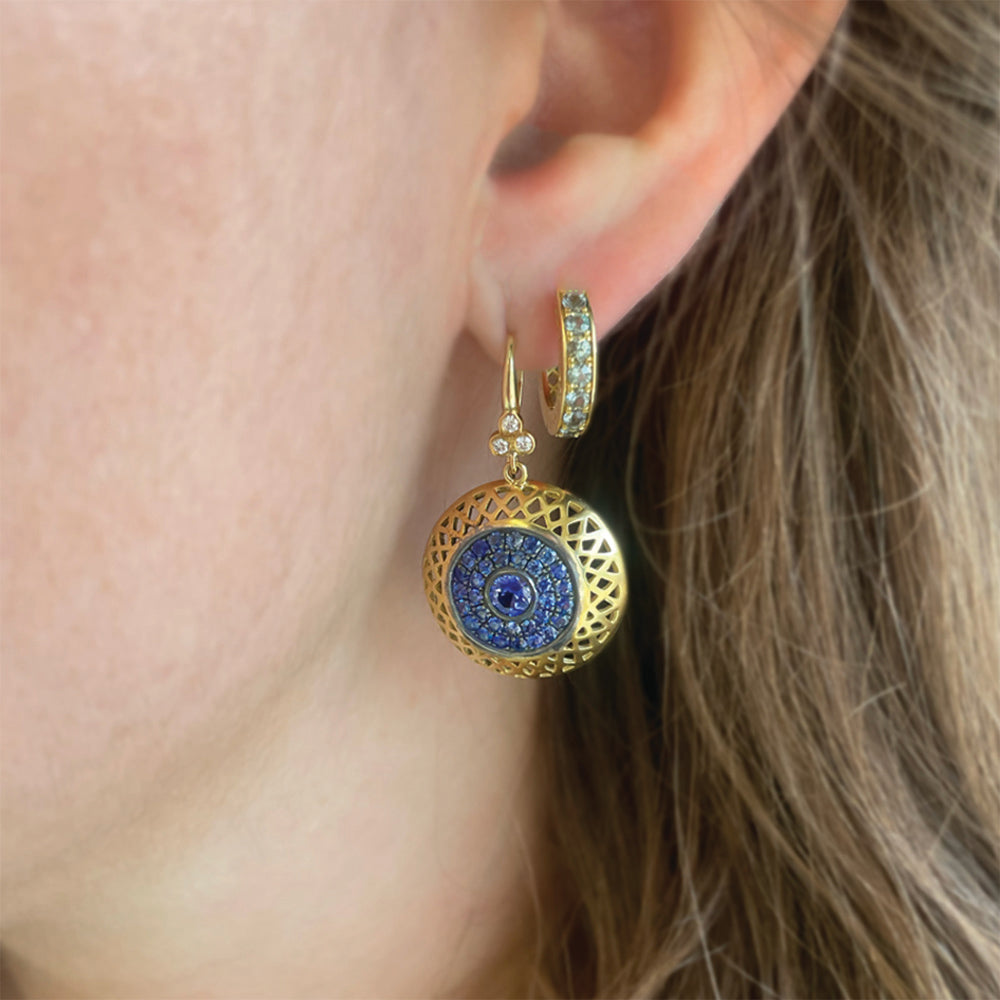 Crownwork Disc Earrings with Blue Sapphires