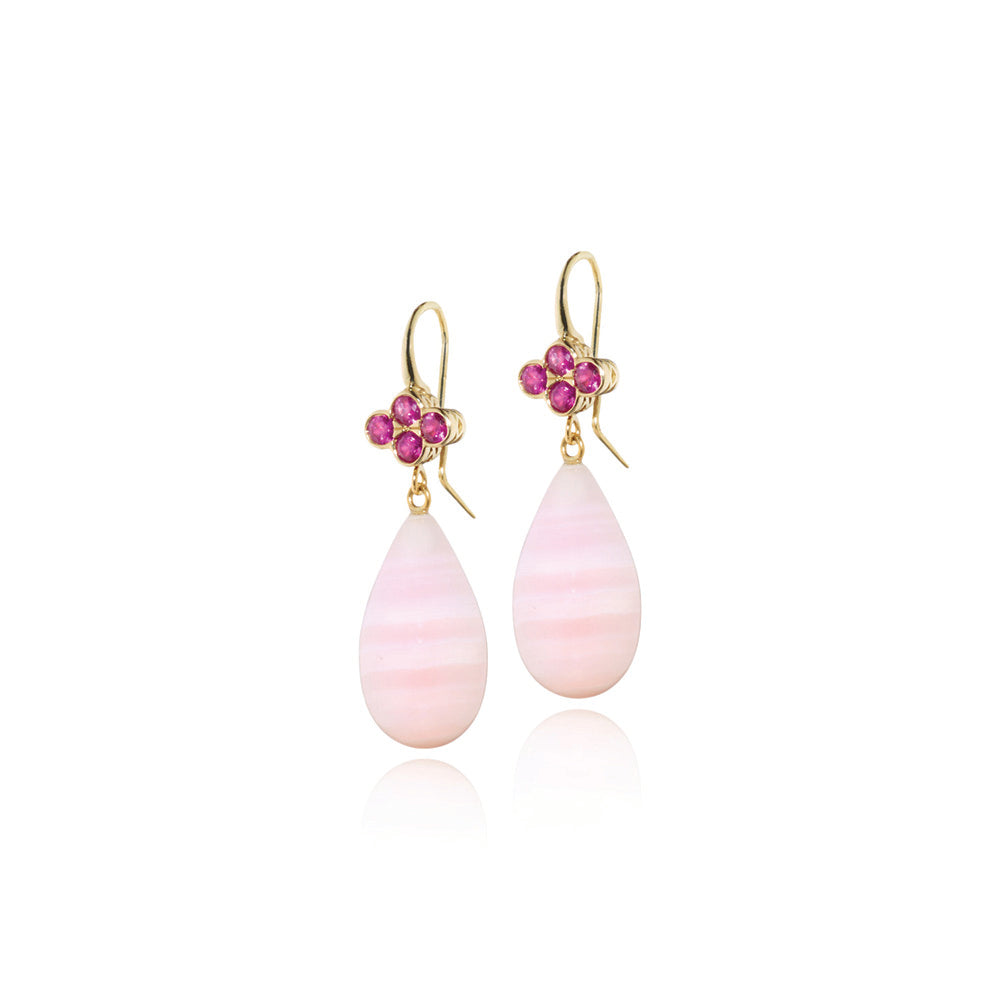 pink sapphire top clover earrings with aragonite drops