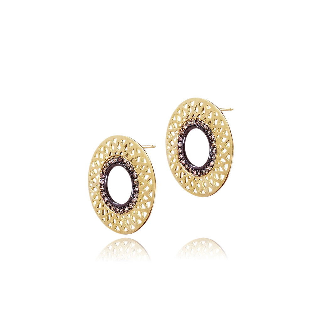 18K Wide Gold Crownwork Circle Earrings with Champange Diamonds