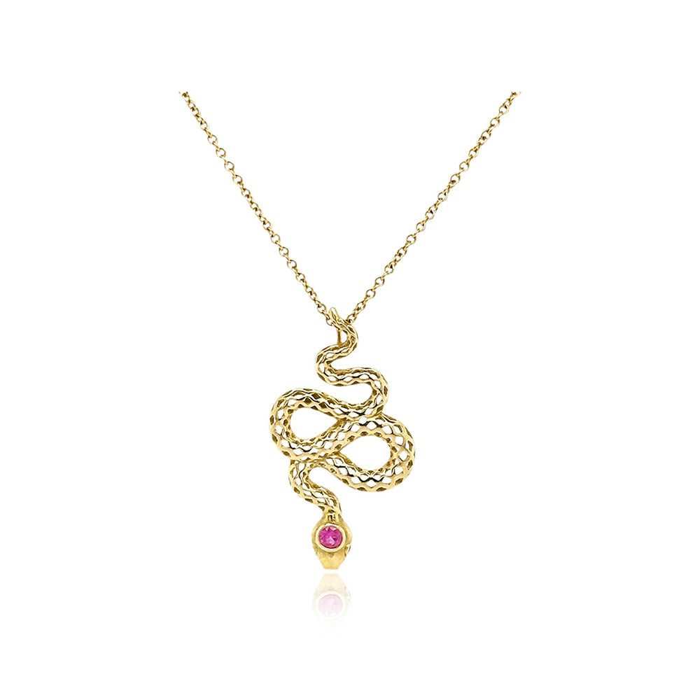 18k yellow gold snake pendant with pink sapphires