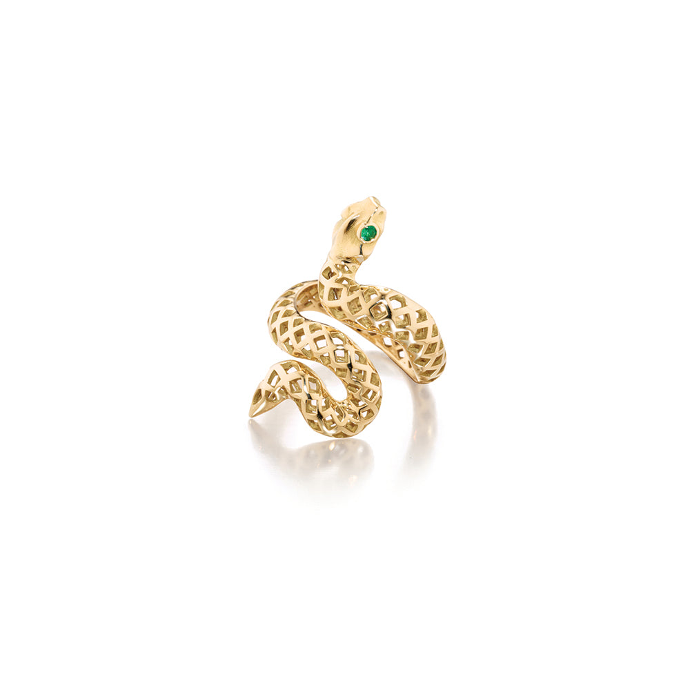 Snake ring in 18k yellow gold with Emerald eyes