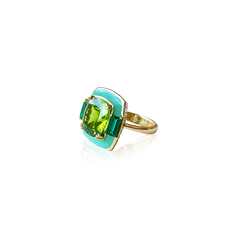 Peridot, Emerald and Aqua Enamel Ring