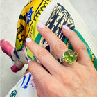 Three Stone Scallop Ring with Tourmaline and Green Sapphires