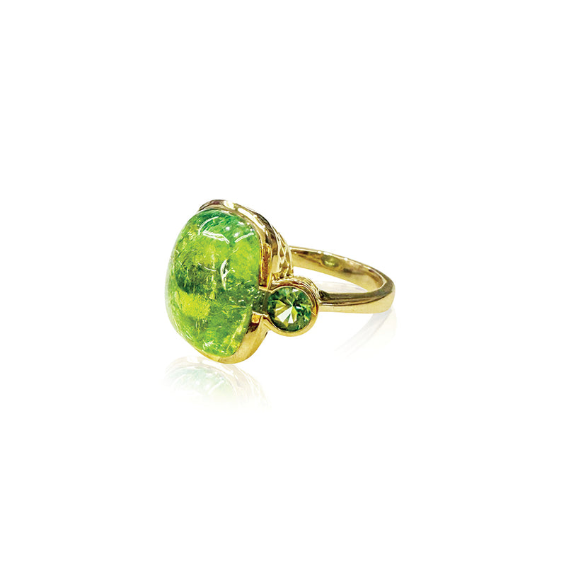 Three Stone Scallop Ring with Tourmaline and Green Sapphires