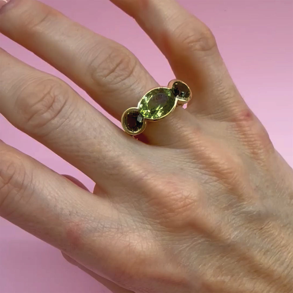 Three Stone Scallop Ring with Green Tourmalines