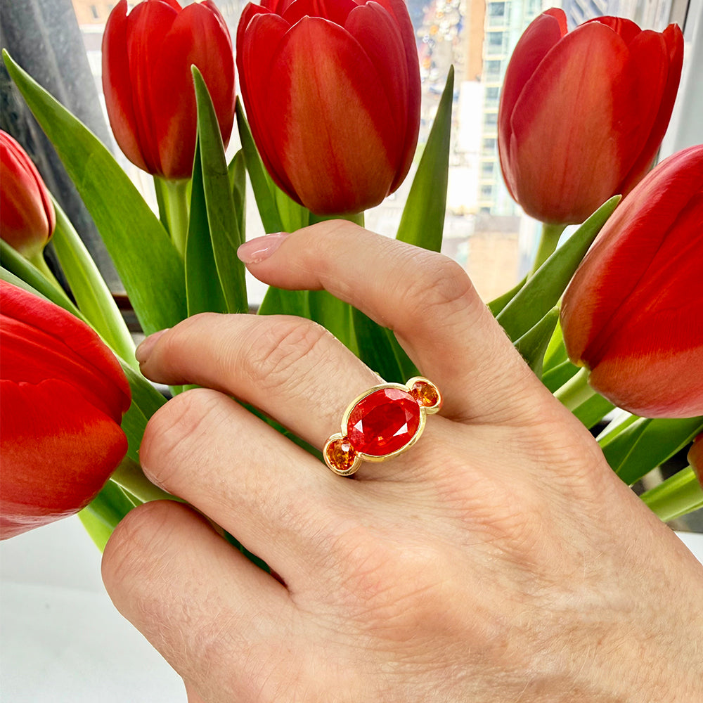 Three Stone Scallop Ring with Orange Sapphires