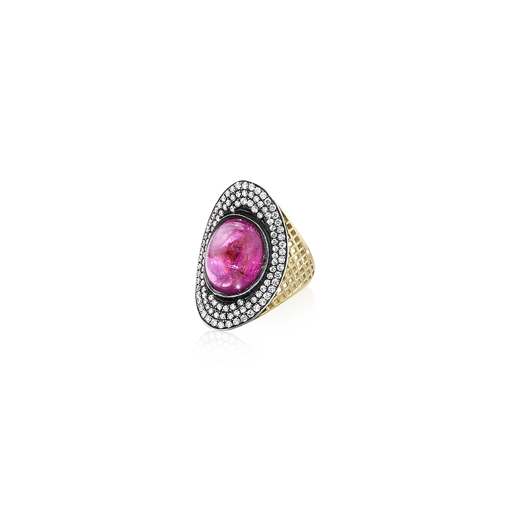 18K Gold Crownwork Regency Ring with Pink Tourmaline and Diamonds