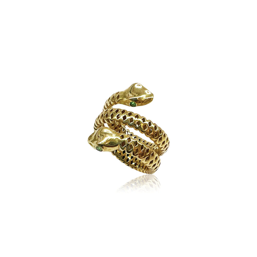 double headed snake ring with Tsavorite garnet eyes
