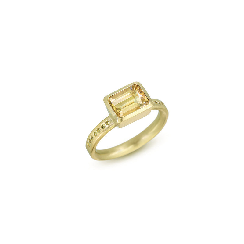 East/West Ring with Yellow Beryl & Yellow Sapphires in 14K Green Gold