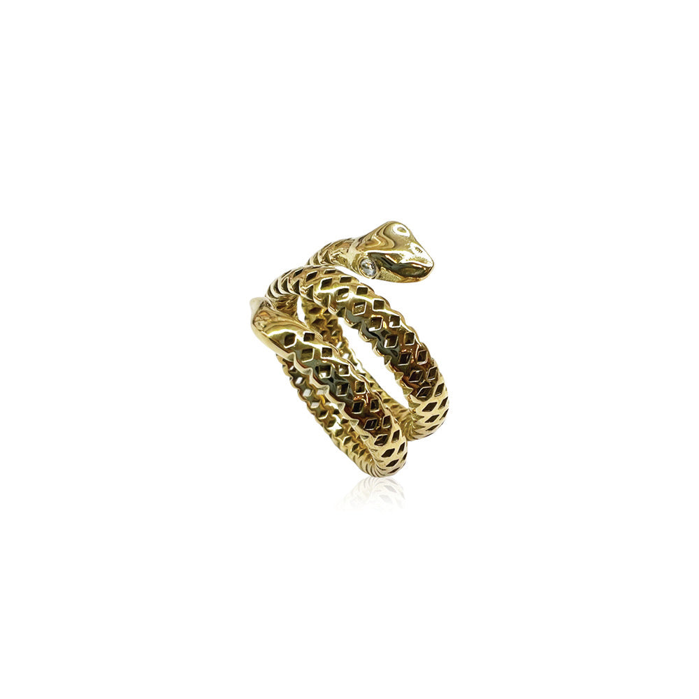 18k yellow gold double wrap snake ring with diamond eyes