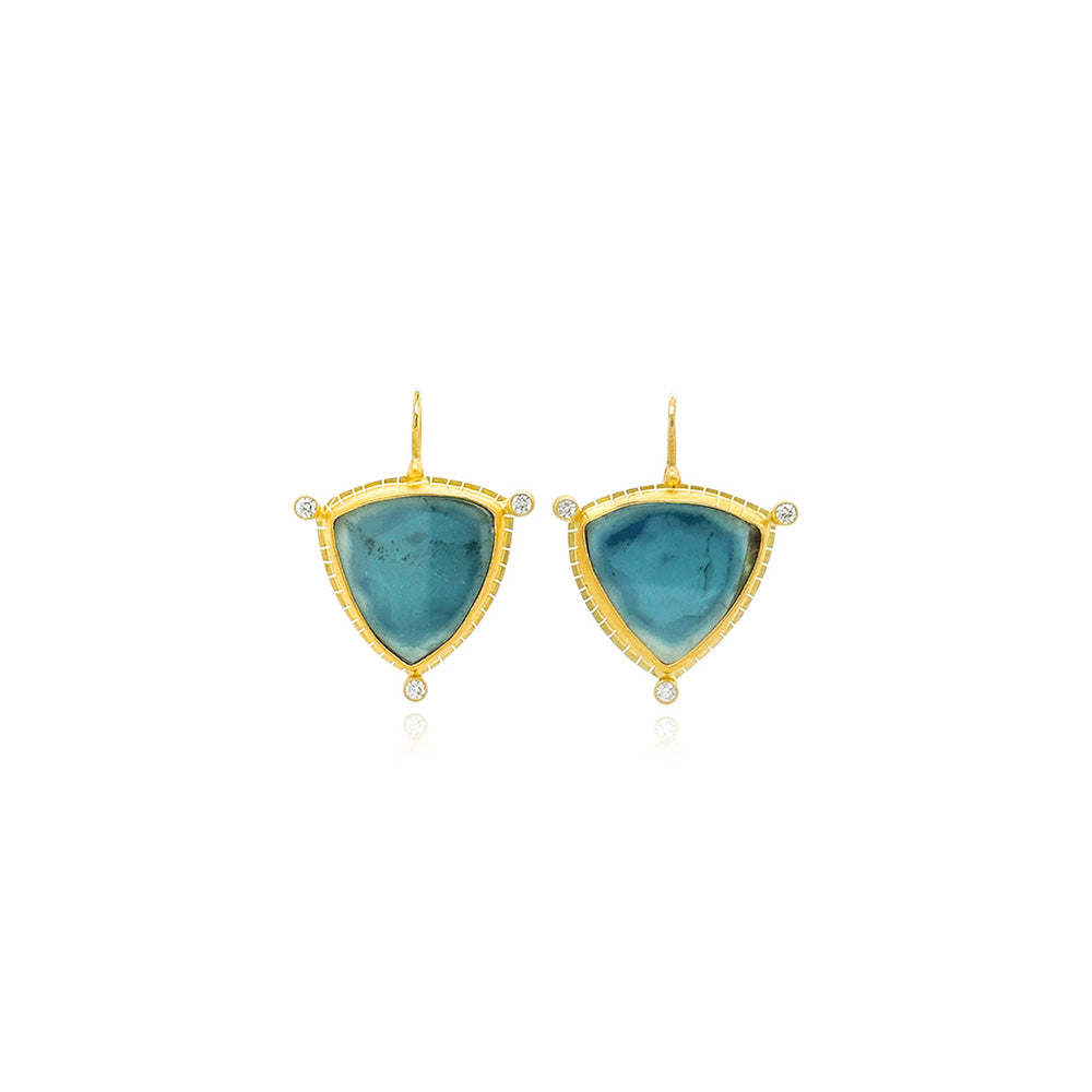 Trillion-shaped blue tourmaline slice earrings