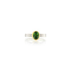 Oval faceted green tourmaline ring, 8mm x 5mm, set in 22k yellow gold on a square sterling silver ring shank, 3mm wide, ring size 6.75.
