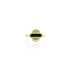 Green tourmaline in an East/West setting, flanked by diamonds, VVS E, .46 cttw, in 18k and 22k yellow gold. Ring is a size 6.75.