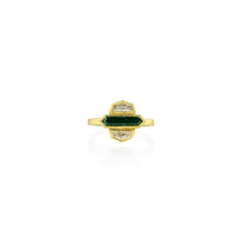 Green tourmaline in an East/West setting, flanked by diamonds, VVS E, .46 cttw, in 18k and 22k yellow gold. Ring is a size 6.75.