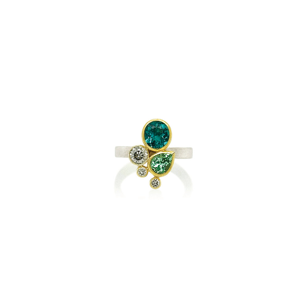 Green and blue tourmaline cluster ring with diamonds