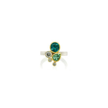 Green and blue tourmaline cluster ring with diamonds