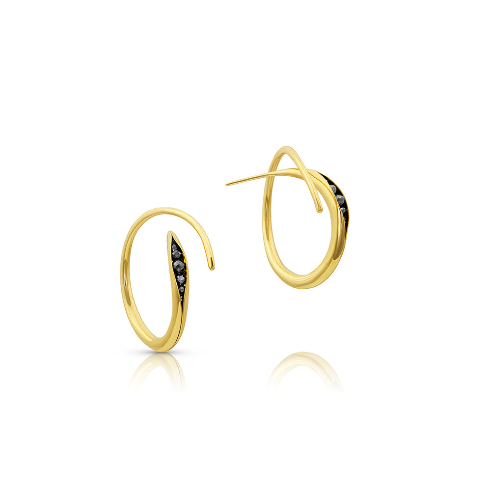 Anticlastic Hoop Earrings with Crossover and Black Diamond Rondels in 18K