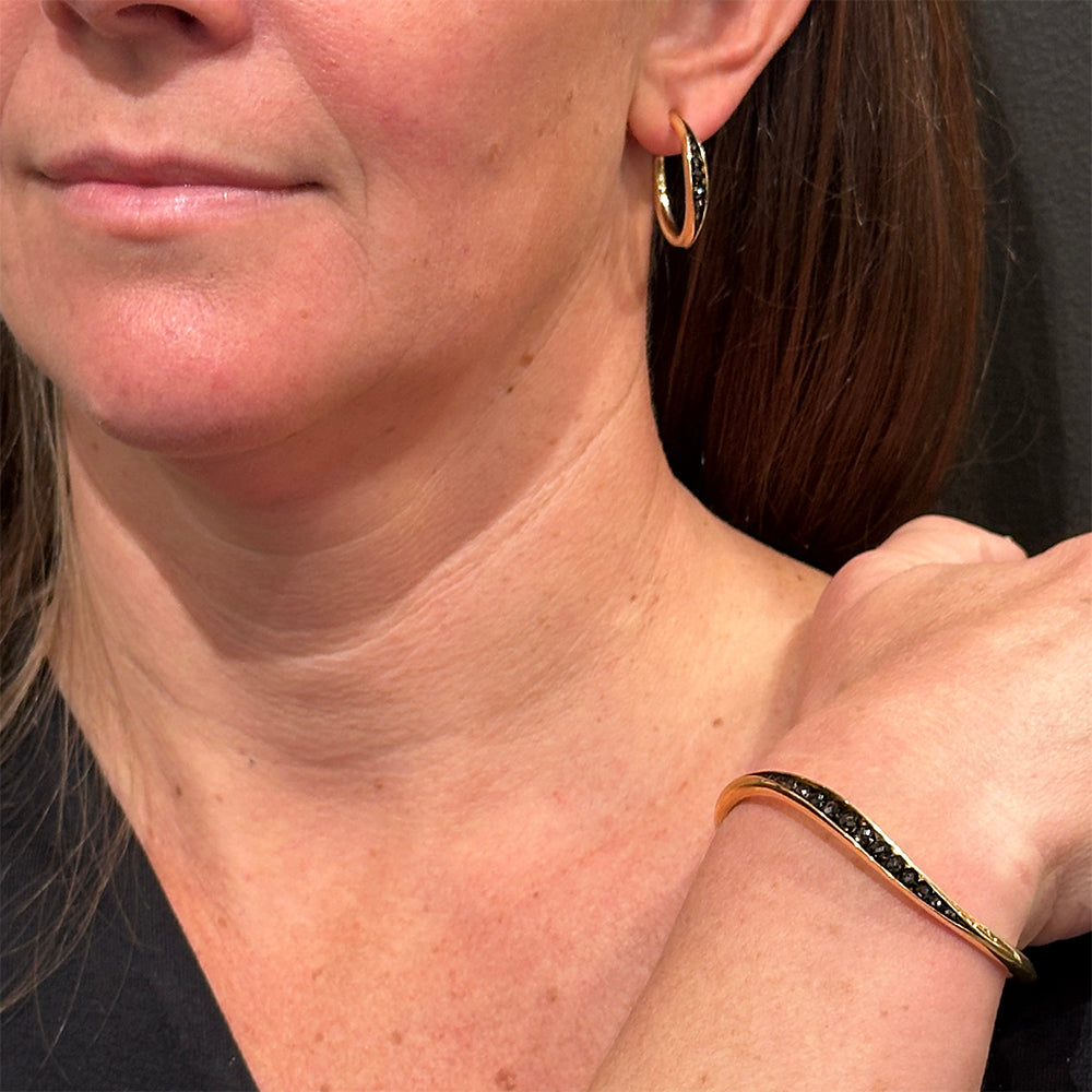 Large Anti-Clastic Raised Hoop Earrings with Black Diamond Rondels in 18K