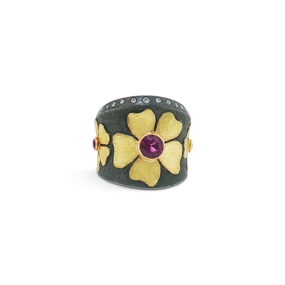 Flower Band with Rhodolite Garnet, Pink Sapphires and Diamond Accents