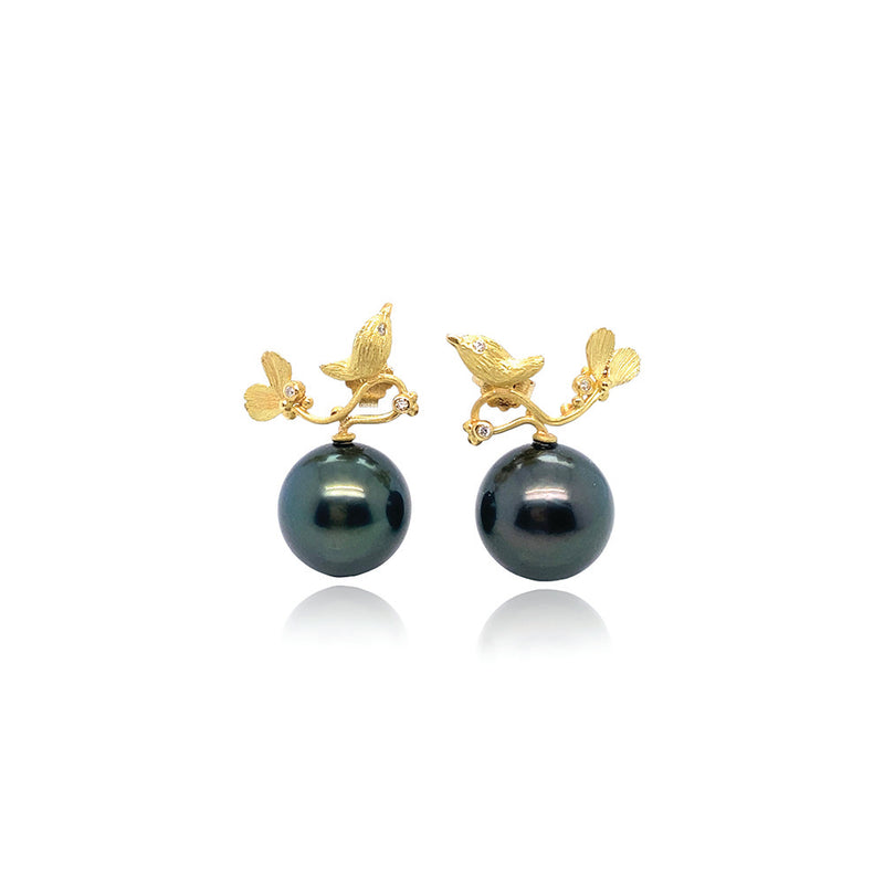 18K Gold Birdie Earrings with Black Tahitian Pearls