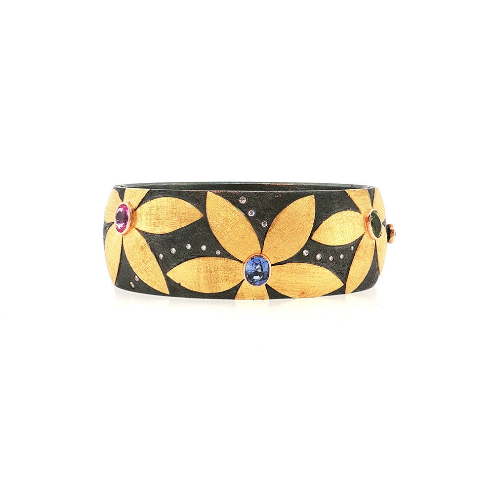 Hinged Flower Cuff with Multi-Color Sapphires and Diamonds