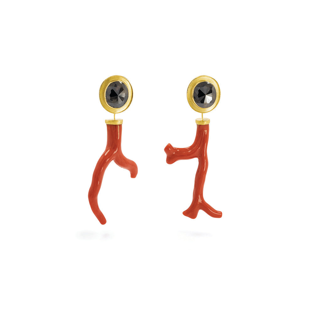 "Under the Sea" branch coral and black diamond earrings