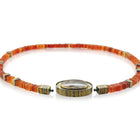 Quartz with pyrite sun disc, cut by Atelier Munsteiner, set in oxidized sterling silver with 22k & 24k gold, white (G) vs diamonds, 0.15cttw, Vario clasp, with a Mexican Fire Opal strand, 18.5grams, and spacer beads.