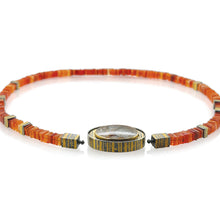 Quartz with pyrite sun disc, cut by Atelier Munsteiner, set in oxidized sterling silver with 22k & 24k gold, white (G) vs diamonds, 0.15cttw, Vario clasp, with a Mexican Fire Opal strand, 18.5grams, and spacer beads.