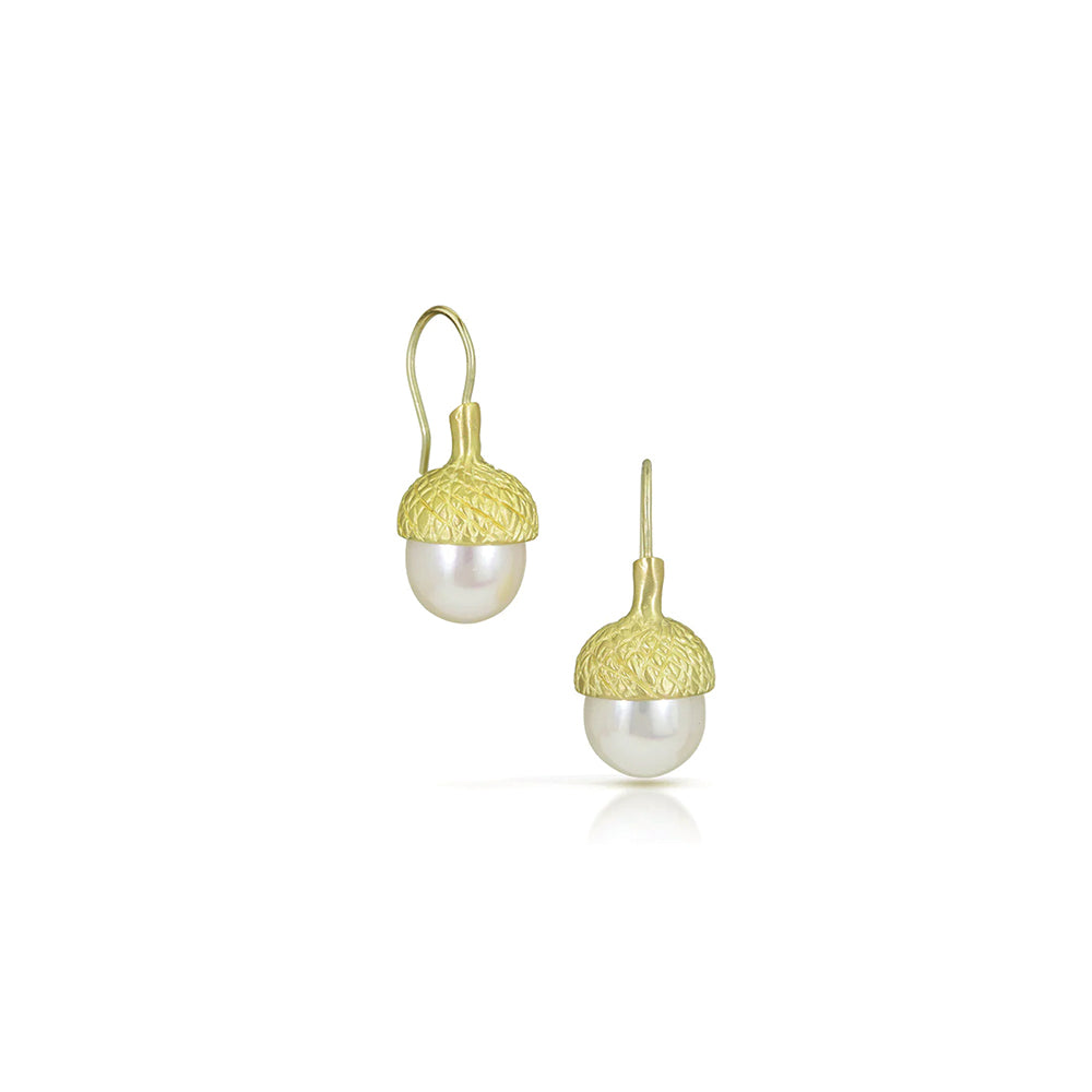 Acorn Earrings with South Sea Pearls in 18K Green Gold