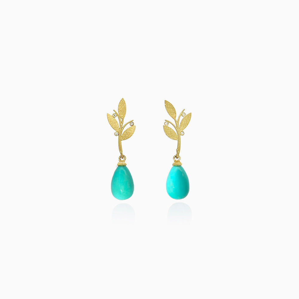 leaf top earrings with turquoise drops