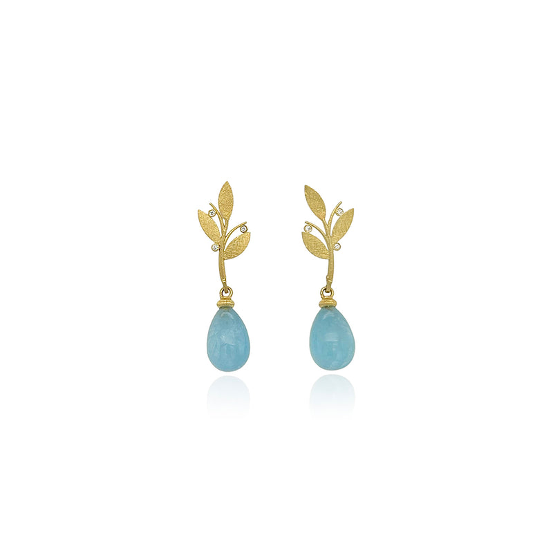 Leaf Top Earrings with Aquamarine Drops