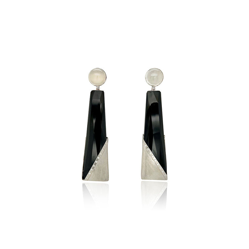 Platinum Earrings with Moonstones and Onyx
