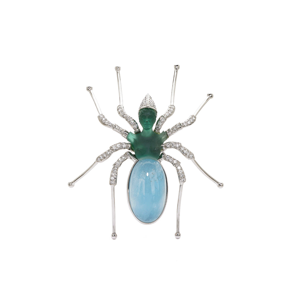 Palladium "Black Spider" Brooch/Pendant with Carved Green Quartz and Aquamarine