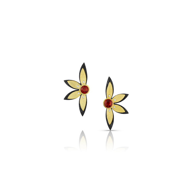 Half-Flower Earrings in 18K Gold, Diamonds, Sterling and Garnets
