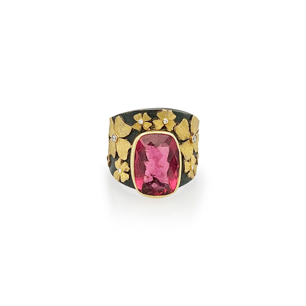 Rubellite Tourmaline Flower Ring with Diamonds
