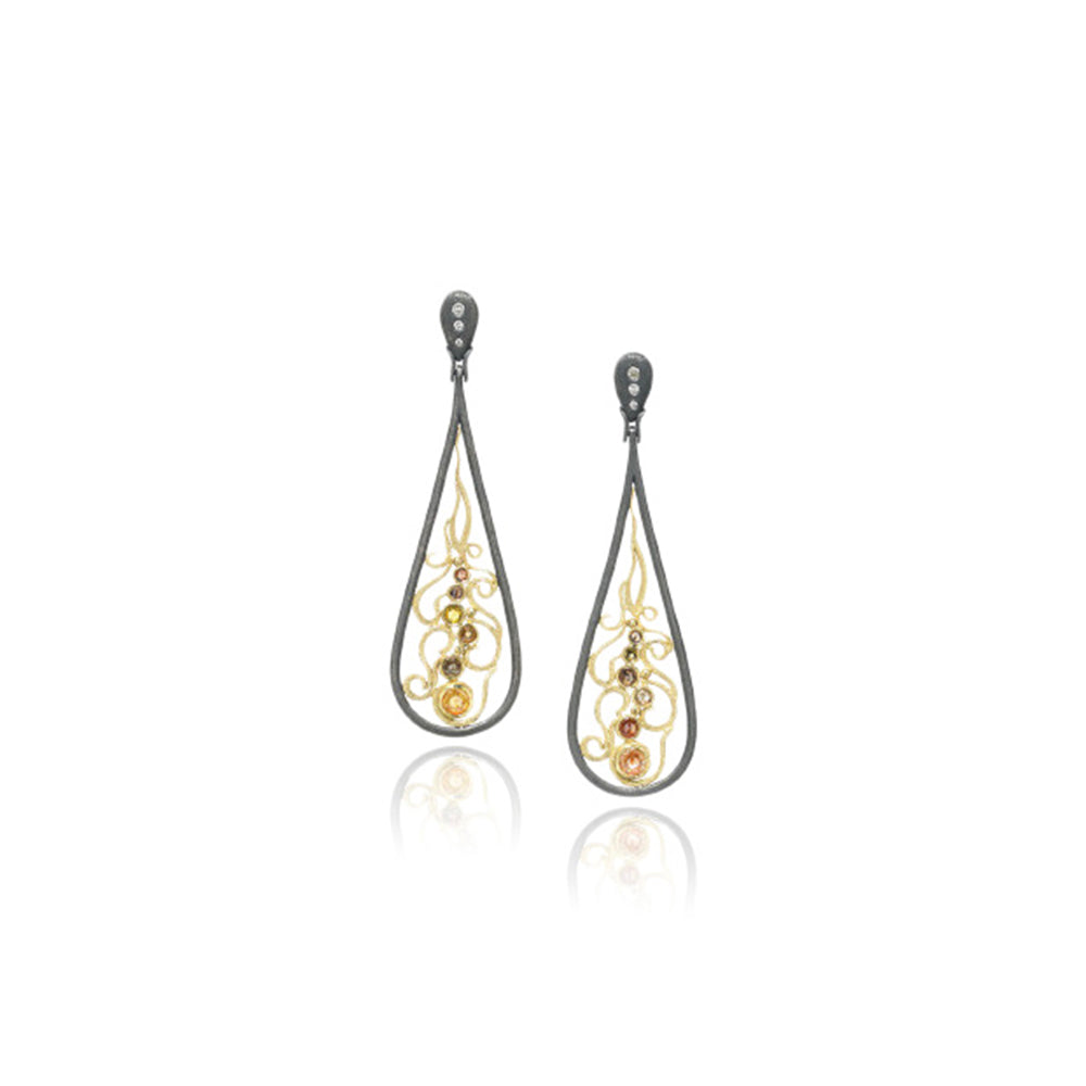 18K Gold/Oxidized Sterling Silver Earrings with Natural Rosecut Diamonds and Colorless Diamonds