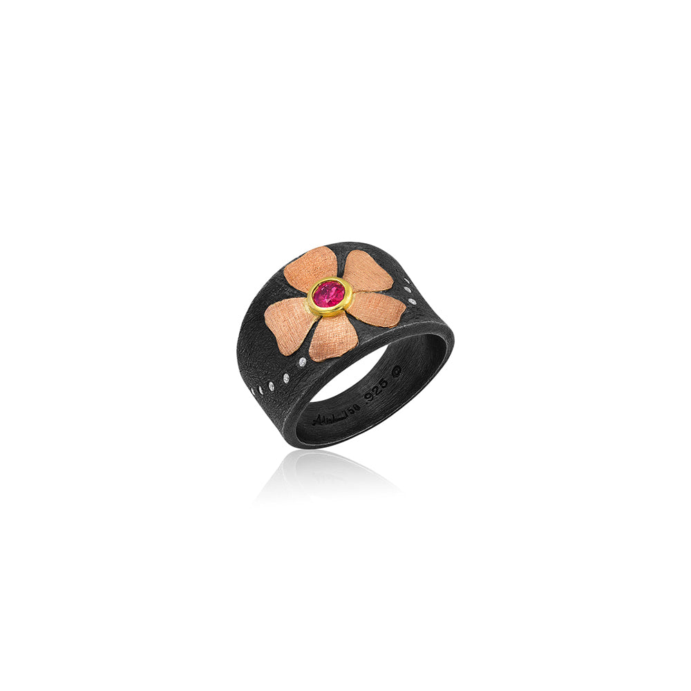 18K Rose/Yellow Gold Flower Petal Ring with Ruby and Diamonds