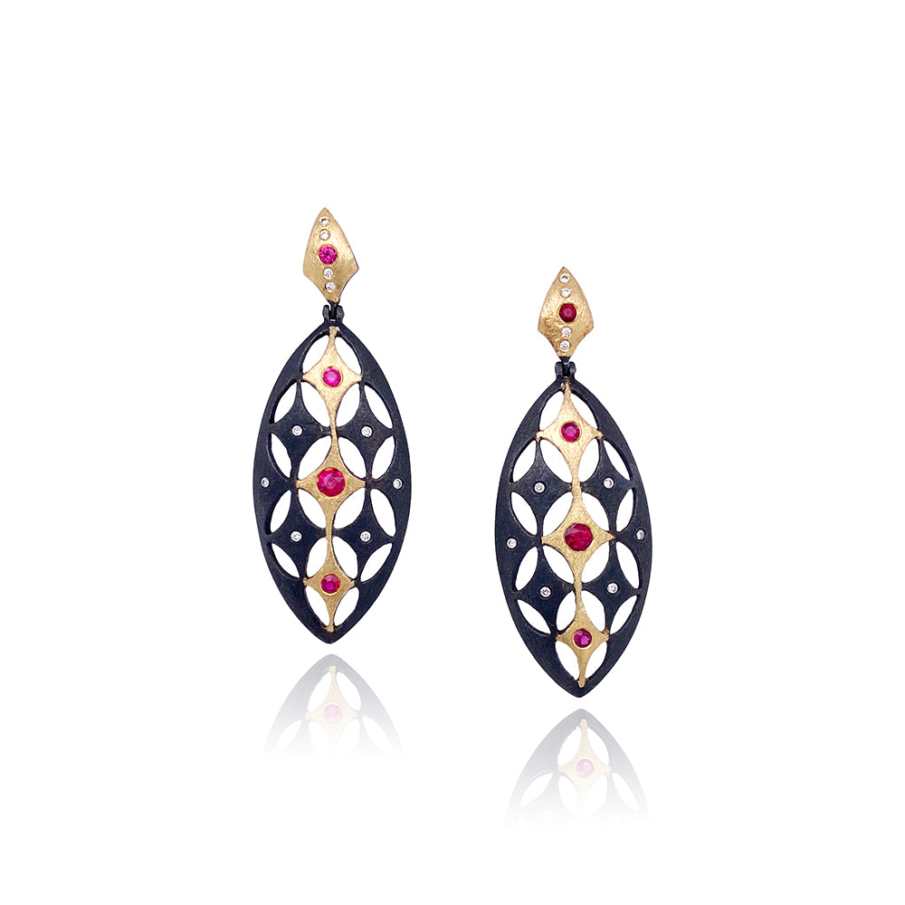 18K Yellow Gold, Ruby and Diamond "Shield" Earrings