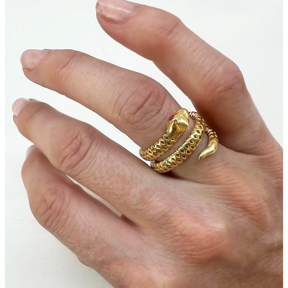 Gold Crownwork Double Wrap Snake Ring with Red Sapphire Eyes