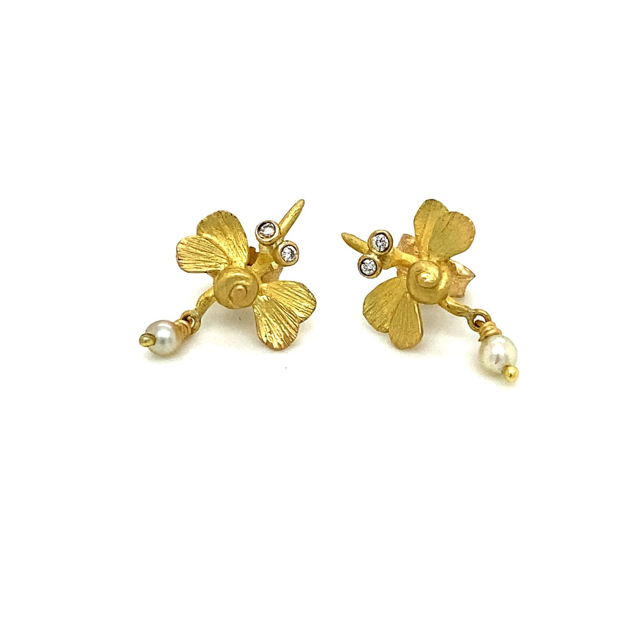 "Garden Bird Bug" Earrings with Diamonds and Akoya Pearls