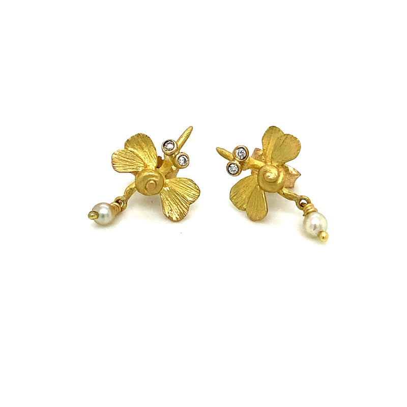 "Garden Bird Bug" Earrings with Diamonds and Akoya Pearls