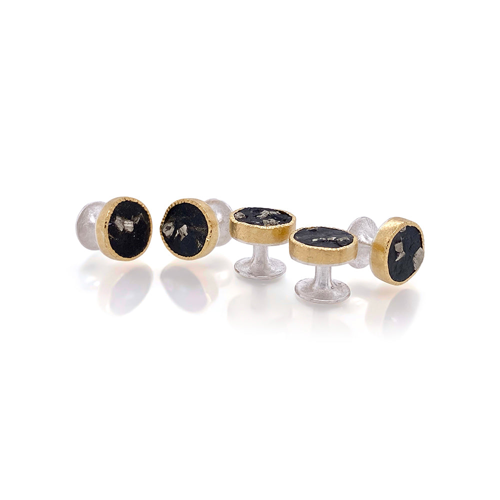 Natural Slate with Pyrite Inclusion Cufflinks and Tuxedo Stud Set in 22K Gold and Sterling Silver